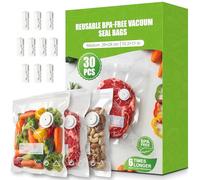 Babacom 30 Pcs Sac Sous Vide Alimentaire Réutilisable avec Valve d’Air & 10 Pinces - Moyen (26 x 28 cm), Sachet Congelation Sans BPA, pour Conservation des Aliments, Micro-ondes, Cuisson Sous Vide