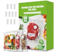 Babacom 30 Pcs Sac Sous Vide Alimentaire Réutilisable avec Valve d’Air & 10 Pinces - Petit (21 x 22 cm), Sachet Congelation Sans BPA, pour Conservation des Aliments, Micro-ondes, Cuisson Sous Vide