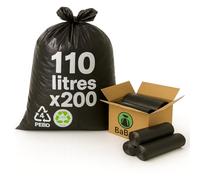 Babag 200 Sacs Poubelle 110L - Noir Opaque - Ultra Résistant, Anti-Fuites, Lien de Fermeture Pratique