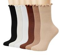 BABAHU Ruffle Socks for Women, Casual Cute Cotton Crew Socks, Frilly Novelty Knit Socks 6 Pairs (FR/ES, Alpha, One Size, Regular, Regular, A02-6pcs)