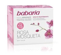Babaria - Crème Hydratante Visage 24h Rose Musquée | SPF 15 Protection Solaire | Raffermissante et Régénératrice Anti-âge | Hydratation Prolongée et Texture Légère | 50 ml