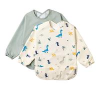 BABATÉ Kids - Bavoir manches longues bebe 2 unités, Bavoir imperméable bébé manches, Bavoir plastique bébé, Bavette bebe imperméable, Tablier enfant, Bavoirs bebe (Dinosaures verts)