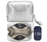 Babeezy Trousse de maquillage isotherme avec 2 poches de glace réutilisables résistantes à la chaleur - Organiseur de voyage en cuir vegan argenté avec double fermeture éclair et dragonne résistantes
