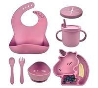 Babelyous Coffret Repas Bebe Fille Licorne en Silicone Rose, Inclut Set de Table, Bol avec Ventouse, Couverts et Bavoir Ajustable - Coffrets Repas Pour Bébé sans BPA