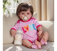 BABESIDE Poupée Reborn Fille - 17 Pouces Bébé Reborn Réaliste avec Cheveux Bruns Courts, Corps Souple, avec Vêtements et Accessoires - Cadeau pour Enfants dès 3 Ans