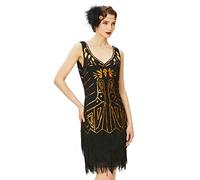 BABEYOND 1920 Flapper Robe Femme V Cou Robe Perlée Gatsby sans Manche Robe Frangée avec Paillette 1920 Party Fête Bal Soirée Art Déco - Noir Doré 1 - M (UK 12-14/EU 40-42)