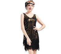 BABEYOND 1920 Flapper Robe Femme V Cou Robe Perlée Gatsby sans Manche Robe Frangée avec Paillette 1920 Party Fête Bal Soirée Art Déco - Noir Doré 1 - L (UK 16/EU 44)