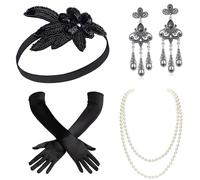 BABEYOND Accessoires Gastby des Année 1920 Costume pour Femme Ensemble d'accessoires Flapper y compris Bandeau Collier Gants et Porte-cigarette (Set-1)