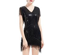 BABEYOND ArtiDeco Années 1920 Robe Flapper À Paillettes À Franges Robe Années 20 Rugissantes Déguisement Costume Gatsby Robe À Col en V Vintage Robe De Soirée Perlée (Noir, S)