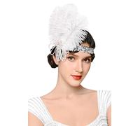 BABEYOND Bandeau à plumes style garçonne des années 1920 - Coiffe vintage à paillettes pour fête Gatsby folle (blanc)