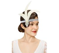 BABEYOND Bandeau vintage années 1920 avec perles - Accessoire de costume Gatsby le Magnifique - Plume blanche
