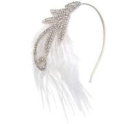 BABEYOND Bandeau vintage années 1920 avec plumes et perles en cristal - Accessoires de costume Gatsby le Magnifique - Accessoires de costume des années folles - Blanc