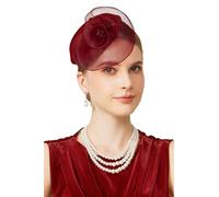 BABEYOND Chapeaux bibi pour femmes - Chapeau pour thé dansant Kentucky Bibi Derby maille fleurie chapeau pillbox pour mariage nuptial, rouge vin, Taille unique