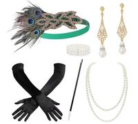 BABEYOND - Ensemble d'accessoires années 1920 pour femmes - Accessoires de costume Gatsby incluant : serre-tête, collier, gants, boucles d'oreilles, plume de paon