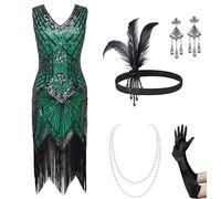 BABEYOND Ensemble de Robes Gatsby Le Magnifique des années 1920 avec col en V et Ensemble d'accessoires pour Femme, Ensemble - Vert foncé, Taille 3XL