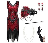 BABEYOND Ensemble de Robes Gatsby Le Magnifique des années 1920 avec col en V et Ensemble d'accessoires pour Femme, Set - Rouge, Small