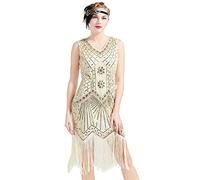 BABEYOND Gatsby 1920 Robe Flapper à Franges et col en V, pour Femme - Beige - XXXL