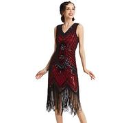 BABEYOND Gatsby 1920 Robe Flapper à Franges et col en V, pour Femme - Rouge - XS