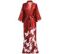 BABEYOND Kimono Long en Satin Robe de chambre Longue pour Femme Peignoir Long Satin avec Motif Grue (Taille Unique) (Rouge foncé)