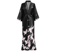 BABEYOND Kimono Long en Satin Robe de chambre Longue pour Femme Peignoir Long Satin avec Motif Grue (Taille Unique) (Noir)