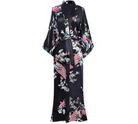 BABEYOND Kimono Robe de Nuit Femme Robe de Chambre Longue Robe de Nuit Peacock Kimono Long Chemise de Nuit Kimono 53"/135cm(Noir)