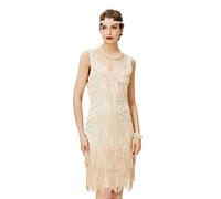 BABEYOND - Robe à Franges et col en V pour Femme Style 1920 Gatsby Le Magnifique, Beige 1, XXL
