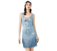 Babeyond - Robe à Franges et col en V pour Femme Style 1920 Gatsby Le Magnifique, Bleu Ciel, Taille S