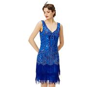 BABEYOND - Robe à Franges et col en V pour Femme Style 1920 Gatsby Le Magnifique, Bleu, Taille S
