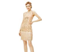 Babeyond - Robe à franges et col en V pour femme style 1920 Gatsby le Magnifique, Champagne et or., XXXL