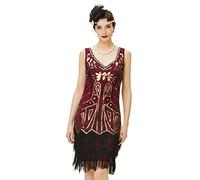 Babeyond - Robe à franges et col en V pour femme style 1920 Gatsby le Magnifique, Doré et rouge vin., Taille XS