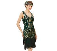 BABEYOND - Robe à franges et col en V pour femme style 1920 Gatsby le Magnifique, Doré et vert foncé., S