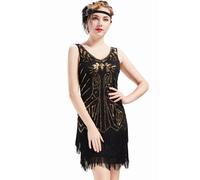 BABEYOND - Robe à Franges et col en V pour Femme Style 1920 Gatsby Le Magnifique, Doré/Noir, XXL