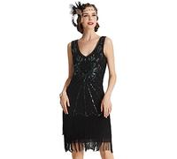 Babeyond - Robe à Franges et col en V pour Femme Style 1920 Gatsby Le Magnifique, Noir, XL