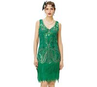 BABEYOND - Robe à Franges et col en V pour Femme Style 1920 Gatsby Le Magnifique, Vert, Taille S