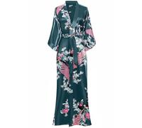 BABEYOND Robe de chambre kimono en satin de soie pour femme - Motif paon - Longue robe de chambre - Pour fille - 135 cm de long, bleu/noir, taille unique