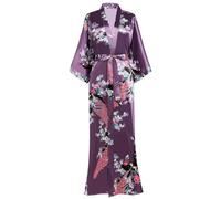 BABEYOND Robe de chambre kimono en satin de soie pour femme - Motif paon - Longue robe de chambre - Pour fille - 135 cm de long, lilas, taille unique