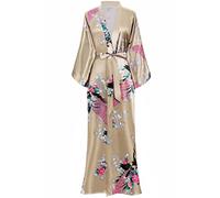 BABEYOND Robe de chambre très longue en satin pour femme, kimono d’été à motif floral, long peignoir kimono imprimé, pour soirée pyjama entre filles, champagne, taille unique