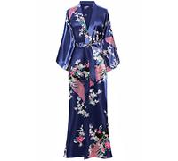 BABEYOND Robe Longue Satin Femme Robe de Chambre Paon Femme Longue Kimono Femme Nuit Chemise de Nuit Longue Satin Soirée Pyjama 53"/135cm (Bleu Foncé)