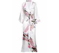 BABEYOND Robe de chambre très longue en satin pour femme, kimono d’été à motif floral, long peignoir kimono imprimé, pour soirée pyjama entre filles, Blanc., taille unique