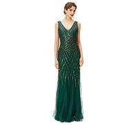 BABEYOND Robe de soirée à Paillettes et Perles pour Femme Style années 1920 avec col en V et col en V pour Mariage, Vert doré, Taille S