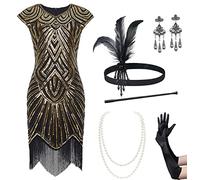 BABEYOND Robe Frangée pour Femme-Gatsby Costume Set Années 1920 Déguisement Rétro 6Pcs Accessoires pour Soirée et Cocktail,Noir Doré, L