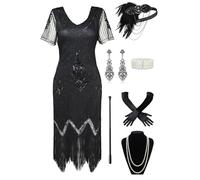 BABEYOND Robe garçonne des années 1920 pour femme avec costume de fête à thème Gatsby, Ensemble - Noir, L