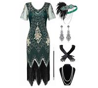 BABEYOND Robe garçonne des années 1920 pour femme avec costume de fête à thème Gatsby, Ensemble - Vert foncé, M