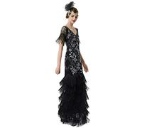 BABEYOND Robe garçonne pour femme style années 1920, col en V, robe de soirée à paillettes et perles, robe longue pour mariage, noir et doré
