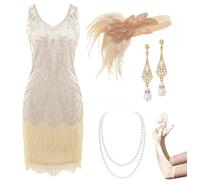 BABEYOND Robe Gatsby Années 1920 Pour Femmes - Col en V, Perles et Franges - Ensemble d'Accessoires - Beige, Medium