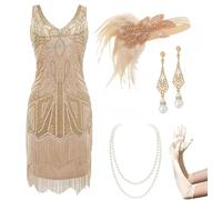 BABEYOND Robe Gatsby Années 1920 pour Femmes - Col en V, Perles et Franges - Ensemble d'Accessoires - Champagne Doré, Large