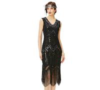 BABEYOND Robe Gatsby Femme Robe Frangée Costume Gatsby Robe Flapper 1920 Femme Robe V Cou Robe Soirée Paillette Gatsby sans Manche pour Soirée Art Déco Tango Latine Fête Bal, Glam Noir, XL /UK 18/EU 46