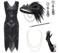 BABEYOND Robe Gatsby le Magnifique des années 1920 avec col en V, perles et franges pour femmes, Noir , XXL