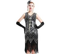 BABEYOND Robe Gatsby le Magnifique des années 1920 avec col en V, perles et franges pour femmes, Noir , L