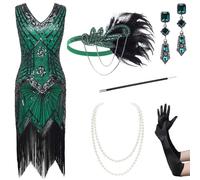BABEYOND Robe Gatsby le Magnifique des années 1920 avec col en V, perles et franges pour femmes, Vert foncé, M